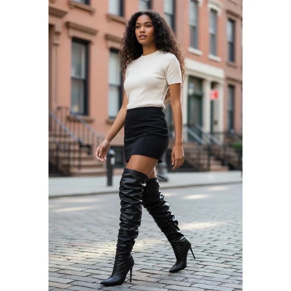 Fashion Nova Black Stiletto‎ Thigh-High Ruched Slouchy Boots Pointed Toe